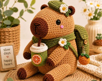 Capybara Crochet Pattern PDF | Amigurumi Cafe Companion | Beret, Scarf, Backpack & Drink | Instant Download