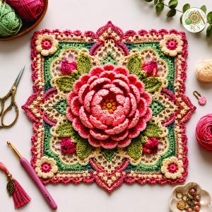 Könnte beinhalten: Ein quadratisches Häkelmotiv mit einer großen, mehrschichtigen rosa Blume in der Mitte, umgeben von grünen Blättern und kleineren rosa Blumenakzenten. Der Rand ist aufwendig mit cremefarbenen und rosa gewellten Kanten gestaltet.