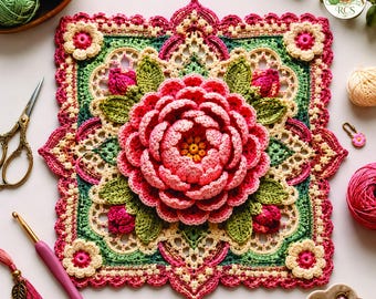 Crochet Peony Mandala Block Pattern | 3D Floral Granny Square (PDF Download)