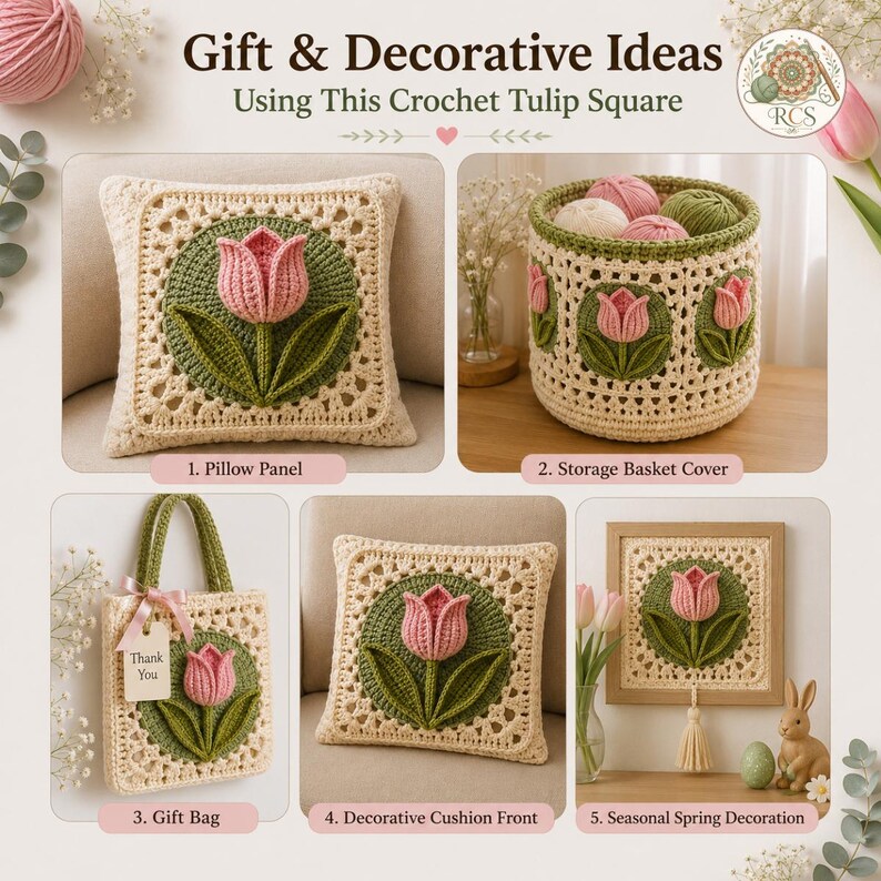 May include: A crochet tulip square pattern displayed in five applications: a pillow panel, a storage basket cover, a gift bag, a decorative cushion front, and a framed wall hanging. The design features a pink tulip with green leaves on cream.