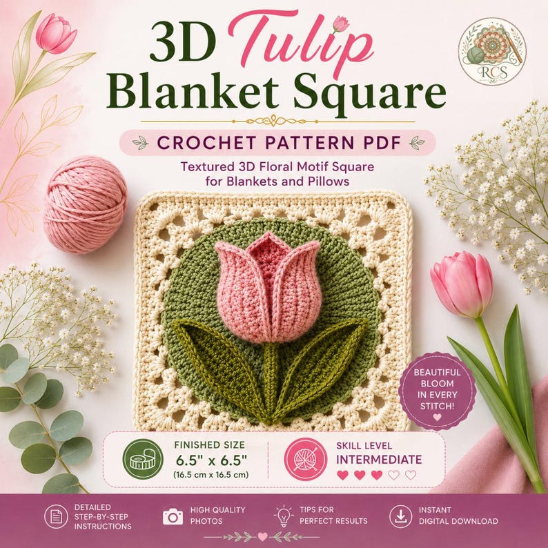 May include: A crochet pattern PDF for a 3D Tulip Blanket Square. The square features a pink tulip on a green circular background with a cream border. Text includes 3D Tulip Blanket Square, Crochet Pattern PDF, and a finished size of 16.5 cm x 16.5 cm.