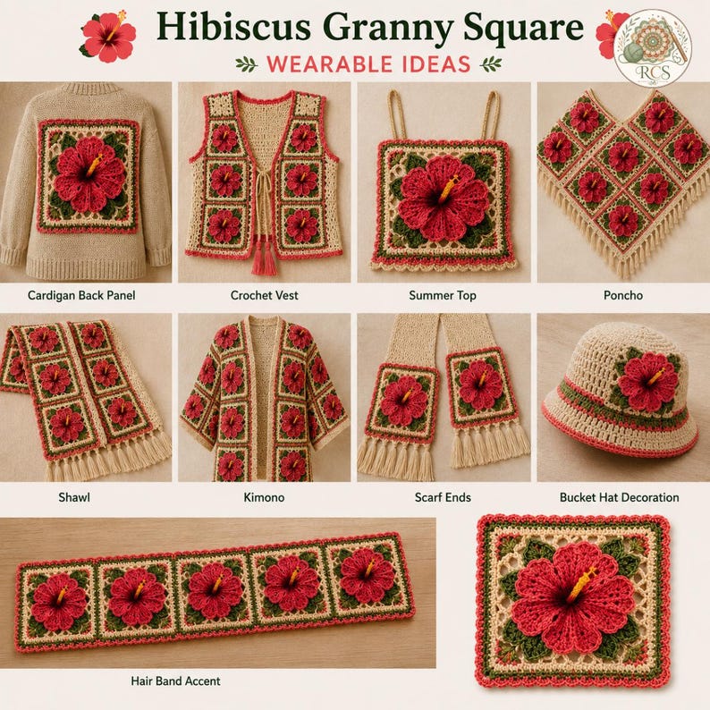 May include: A collection of crochet items featuring Hibiscus Granny Square motifs, including a cardigan, vest, summer top, poncho, shawl, kimono, scarf, bucket hat, and hair band, all displaying red hibiscus flowers with yellow centers.