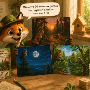 Peut inclure: Un personnage de renard en dessin animé portant un chapeau vert tient un puzzle rectangulaire représentant une forêt au coucher du soleil. Deux autres puzzles terminés sont présentés, montrant des hiboux sous la lune et dans une forêt.