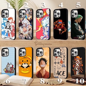 May include: Ten smartphone cases featuring One Piece anime character graphics. Designs include Luffy in various forms, Zoro, and Ace, with motifs like a ship, a pumpkin, and text including Ace and Portgas D. The cases are arranged in two rows of five.