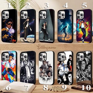 May include: Ten black smartphone cases featuring various graphic prints of Michael Jackson. The designs include portraits, stage performances, and artistic collages in both color and black and white, each with a triple-lens camera cutout.
