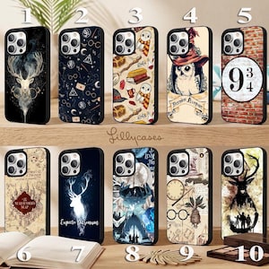 May include: Ten smartphone cases featuring various fantasy-themed designs, including a stag silhouette, magical symbols, owls, a brick wall with the text 9 3/4, a map, and silhouettes of characters. Each case has a camera cutout and black edges.