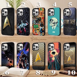 May include: Ten smartphone cases arranged in two rows, featuring various science fiction designs including Star Trek insignias, Star Wars characters, space scenes, and comic book collages. Each case has a cutout for a triple-lens camera system.