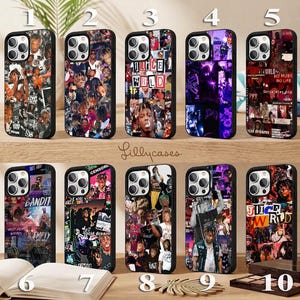 May include: Ten black smartphone cases arranged in two rows, each featuring a unique collage of Juice WRLD imagery, including various portraits, concert photos, and text graphics like Juice WRLD, 999, and Bandit, all with precise camera cutouts.