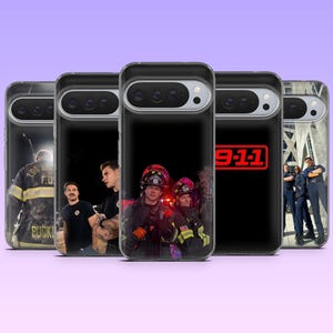 May include: Five smartphone cases featuring imagery from the television show 9-1-1. The designs include a firefighter in gear, two men in black shirts, two firefighters in helmets, the red 9-1-1 logo on black, and three uniformed first responders.