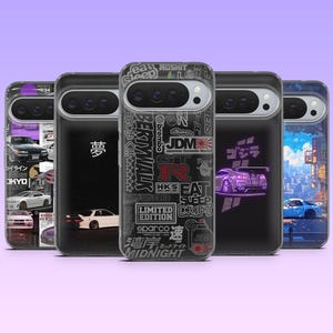 May include: Five smartphone cases featuring automotive designs. The cases display various graphics including Japanese text, car silhouettes, racing logos, and urban cityscapes. The designs incorporate black, white, purple, and blue color palettes.