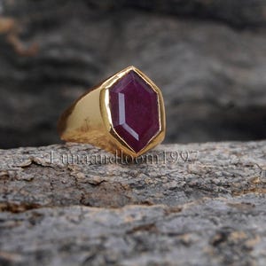 Hexagon Raw Red Ruby Ring in 925 Sterling Silver, Yellow or Rose Gold Plated