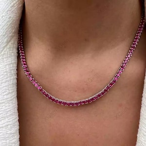 Collar Tennis de Rubí Redondo, Collar de Boda en Plata de Ley 925, Joyería con Rubí Creado en Laboratorio