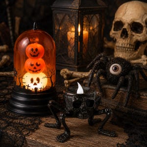 Halloween LED Night Light Collection Spider Candle Holder Pumpkin Skull Dome Skeleton Decor Gothic Table Accent Spooky Party Gift