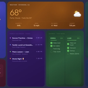 May include: A digital smart home dashboard interface displaying multiple widgets including a clock showing 9:41, weather details for Riverside, CA, a family calendar, a chore list for Emma and Liam, a countdown timer, and a front door camera feed.
