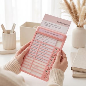May include: A pink plastic daily task checklist board with sliding buttons to mark items as complete or incomplete. The board features a header that reads RECORD YOUR DAYS and God helps those who help themselves, with rows for time slots and tasks.