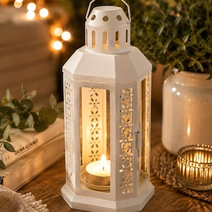 White Metal Lantern Candle Holder | Decorative Indoor & Outdoor Lantern | Rustic Lantern | Patio lantern | Tea light holder | Modern Decor