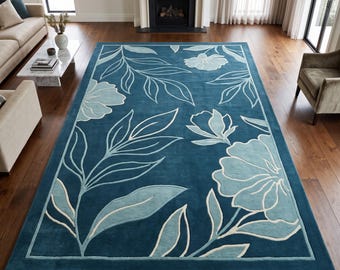 Blue Floral Area Rug, Teal Botanical Rug, Large Flower Rug, Coastal Living Room Rug, Modern Nature Carpet, Bedroom Home Decor Housewarming
