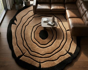 Tapete redondo escultural marrom e preto, moderno, 3D, tufado à mão, com espiral geométrica abstrata, peça de destaque premium para decoração de sala de estar.