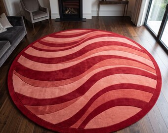 Burgundy Pink Abstract Wave Round Rug, Hand Tufted Modern Circle Area Rug, Red Blush Statement Carpet, Contemporary Living Room Decor
