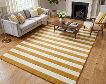 Tapete listrado amarelo mostarda, tapete listrado ousado estilo cabana, tapete de lã branco marfim feito à mão com estilo náutico costeiro para sala de estar, quarto e decoração de casa.