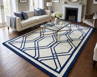 Tapete geométrico azul-marinho com treliça, tapete de lã com padrão marroquino em marfim, decoração moderna para sala de estar e quarto, tapete boho feito à mão para presente.