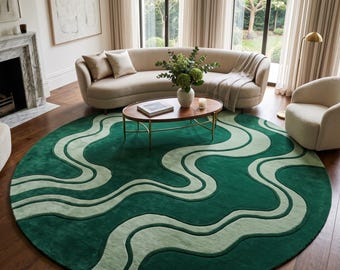 Abstract Wavy Modern Hand-Tufted Wool Area Rug Teal Green Cream Colors Living Room Decor Home Bedroom Decor Handmade Contemporary Style