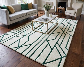 Emerald Green Geometric Area Rug, Modern Abstract Rug, Contemporary Living Room Carpet, Ivory Green Statement Floor Rug Non-Slip Backing Rug