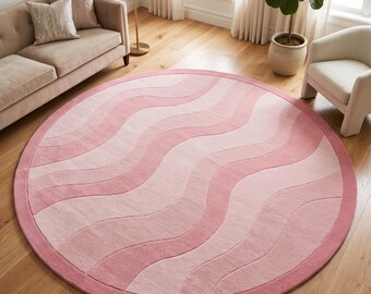 Pink Round Rug, Wavy Abstract Area Rug, Hand Tufted Blush Pink Carpet, Modern Bedroom Living Room Nursery Decor Non-Slip Backing Rugs