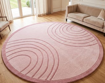 Pink Round Rug, Abstract Wave Rug, Blush Pink Area Rug, Modern Round Carpet, Contemporary Living Room Bedroom Decor, Custom Size Rug