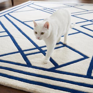 Pode incluir: Um gato branco caminha sobre um tapete de cor creme com um padr&atilde;o geom&eacute;trico arrojado de linhas grossas azul-escuras. O tapete tem um pelo macio e texturizado, com uma borda composta por riscas azuis paralelas que emolduram o design.