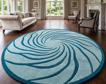 Teal Abstract Swirl Round Rug Hand-Tufted Wool Carpet Modern Sculpted Living Room Bedroom Home Decor Textured Contemporary Design Accent