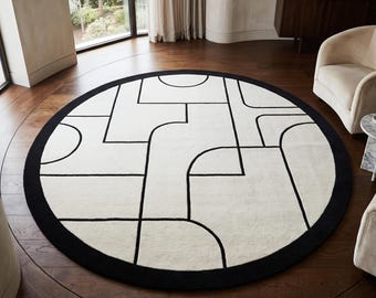 Black Ivory Round Area Rug, Modern Geometric Rug, Abstract Hand Tufted Carpet, Contemporary Living Room Rug, Minimalist Home Decor