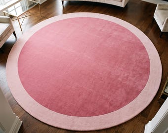 Pink Round Rug Two Tone Blush Border Circle Area Rug for Living Room Bedroom Nursery Modern Boho Home Decor Hand-Tufted Housewarming Gift
