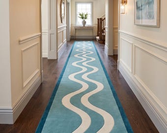 Blue Hallway Runner Rug, Handmade Wool Rug, Wavy Abstract Rug, Modern Entryway Carpet, Navy Blue Runner, Custom Home Decor Wool Handmade Rug