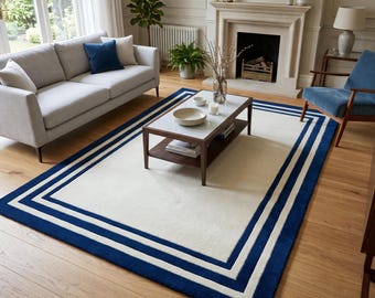 Navy Blue Ivory Border Area Rug, Modern Geometric Rug, Blue White Living Room Rug, Minimalist Hand-Tufted 5×7, 8x10, 9×12, 10×14  Area Rug's