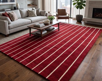 Red Striped Area Rug, Burgundy Cream Modern Rug, Hand Tufted Wool Carpet, Minimalist Living Room Rug, Custom Size Bedroom Rug 8x10 9x12 Area