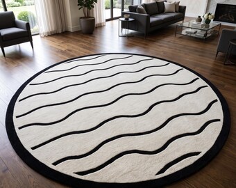 Modern Abstract Black White Wavy Lines Round Wool Area Rug Contemporary Geometric Design Home Decor for Living Room Bedroom Non-Slip Backing