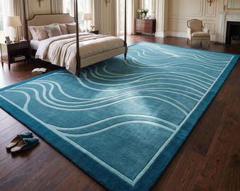 Blue Wave Rug, Abstract Area Rug, Modern Ocean Inspired Carpet, Teal Bedroom Rug, Coastal Decor, Large Blue Wavy Rug Non-Slip Backing Rug's