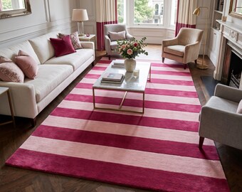 Pink Burgundy Striped Area Rug, Modern Blush Pink Living Room Rug, Handmade Wool Carpet, Contemporary Bedroom Decor, Custom Size
