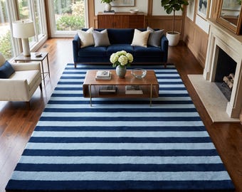 Navy Blue Striped Area Rug, Blue and White Modern Rug, Coastal Living Room Carpet, Minimalist Bedroom Decor, Striped Floor Rug housewarming
