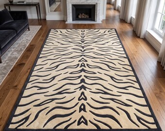 Zebra Rug, Black Ivory Animal Print Rug, Hand Tufted Wool Area Rug Modern Safari Decor Hand-Tufted Housewarming gift for someone furnishing