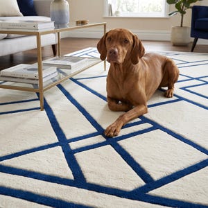 Pode incluir: Um tapete retangular com uma base de cor creme e um padr&atilde;o geom&eacute;trico arrojado de linhas azul-escuras que se cruzam. O tapete tem um pelo macio e texturizado e &eacute; exibido com um c&atilde;o castanho a descansar sobre a sua superf&iacute;cie.