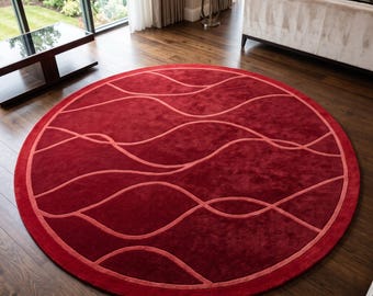 Red Round Rug, Abstract Wave Rug, Hand Tufted Wool Area Rug, Burgundy Circular Carpet, Modern Geometric Living Room Bedroom Decor