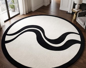 Black White Round Rug, Abstract Wave Rug, Modern Tufted Area Rug, Minimalist Circular Carpet Contemporary Living Room Decor Non-Slip Backing