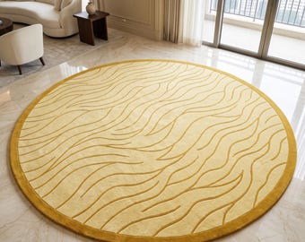 Cream Gold Round Rug, Abstract Wavy Area Rug, Modern Organic Rug, Luxury Living Room Carpet, Neutral Bedroom Decor, Handmade Tufted Rug
