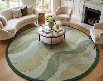 Round Green Abstract Wave Rug, Hand Tufted Wool Area Rug, Sage Olive Modern Carpet, Organic Wavy Rug, Contemporary Living Room Decor Accent
