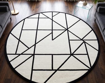 Black & White Geometric Round Rug – Modern Abstract Circle Area Rug – Minimalist Statement Carpet Hand-Tufted Wool Non-Slip Backing Rugs