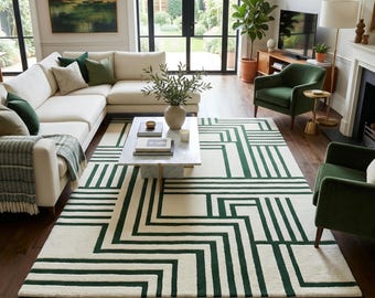 Modern Green Geometric Area Rug, Hand Tufted Wool Carpet, Cream Green Rug, Contemporary Living Room Bedroom Decor Hand-Tufted 8×10 Area Rugs