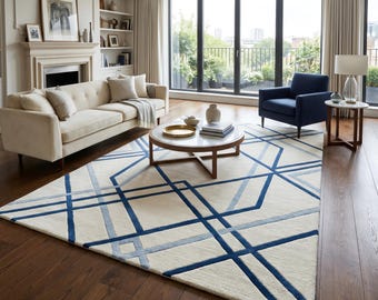 Blue Lattice Diamond Area Rug, Ivory Two Tone Geometric Wool Rug, Modern Living Room Bedroom Decor, Handmade Contemporary Home Rug