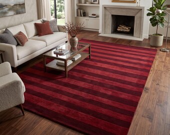 Burgundy Striped Area Rug, Red Modern Rug, Contemporary Living Room Carpet, Large Custom Rug  Rug 5×7, 5×8, 6×9, 8×10, 9×12, 10×14, Area Rug
